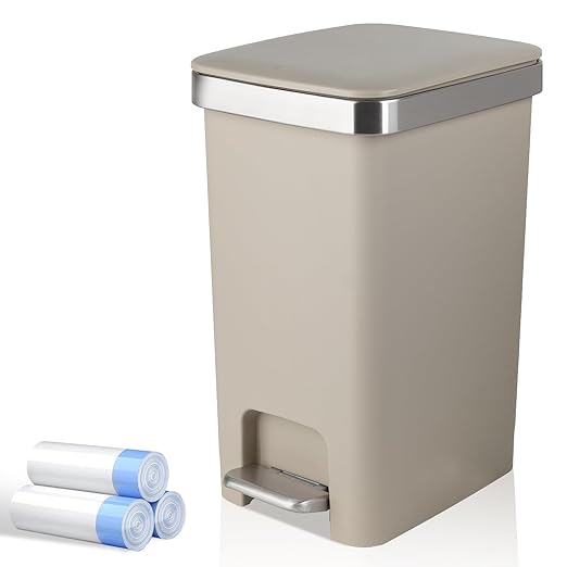 Small Bathroom Trash Can with Lid and 3 Rolls Trash Bags, Step Pedal by UUJOLY
