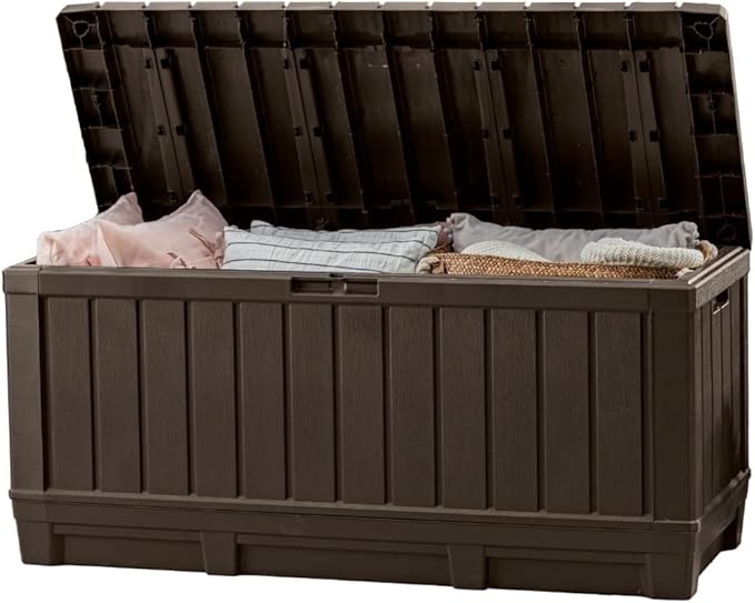 Keter Kentwood 92 Gallon Resin Deck Box-Organization and Storage for Patio Furniture Outdoor Cushions, Throw Pillows, Garden Tools and Pool Floats, Brown by Keter