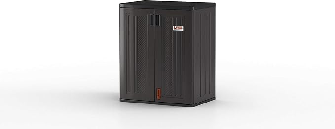 Suncast Heavy-Duty Resin Outdoor Storage Cabinet, 30" W x 20.25" D x 36" H Dark Grey Base Garage Storage Cabinet with Lockable Doors and Metal Reinforced Shelves, Made in The USA - Image 23