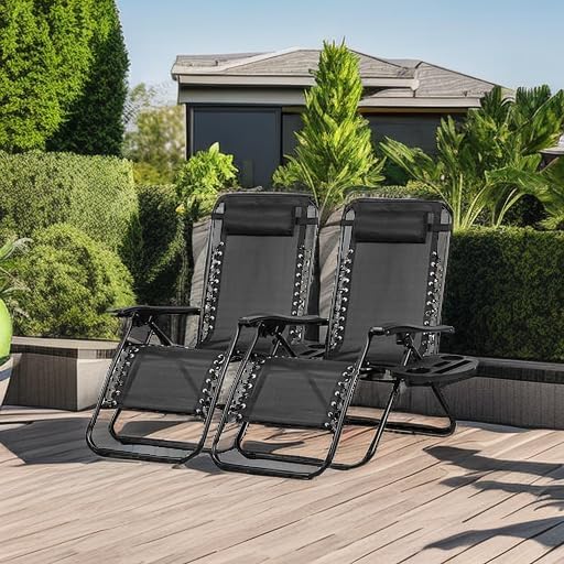 Nazhura Set of 2 Relaxing Recliners Patio Chairs Adjustable Steel Mesh Zero Gravity Lounge Chair Beach Chairs with Pillow and Cup Holder Black - Image 2