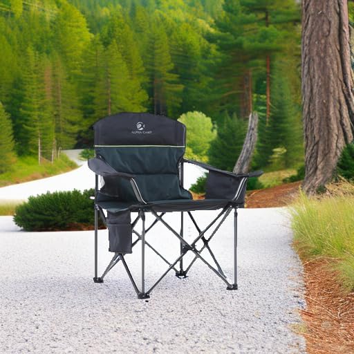 ALPHA CAMP Heavy Duty Camping Chair 500LBS Capacity, Oversized Folding Chair for Heavy People, Padded Portable Outdoor Chair with Cooler Bag & Cup Holder for Camping, Fishing, Beach - Image 2