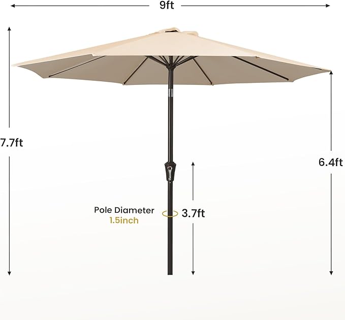 MEWAY 9ft Patio Umbrella Outdoor Table Umbrellas with Push Button Tilt and Crank, Market Umbrella 8 Sturdy Ribs for Deck, Garden, Pool and Backyard, Cream Beige - Image 7