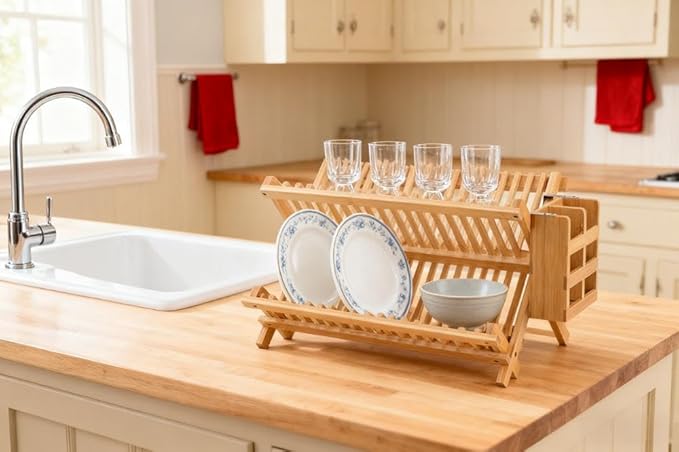 QUEENKAY Dish Drying Rack Collapsible 2-Tier Bamboo Dish Rack - Image 7