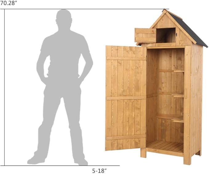 Outvita Outdoor Storage Cabinet, 70in Wooden Vertical Garden Tools Shed, Patio Storage Organizer with Latch & Waterproof Roof for Yard Deck Lawn Farmland Equipment(Natural) - Image 5
