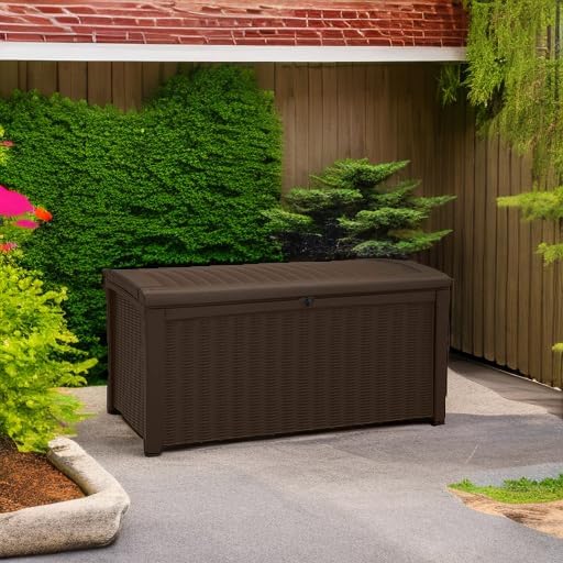 Keter Borneo 110 Gallon Resin Deck Box - Organization and Storage for Patio Furniture, Outdoor Cushions, Throw Pillows, Garden Tools and Pool Toys, Brown - Image 5