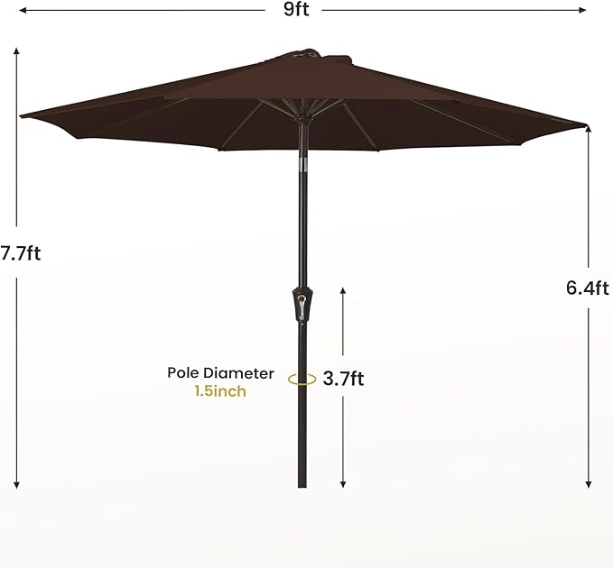 MEWAY 9ft Patio Umbrella Outdoor Table Umbrellas with Push Button Tilt and Crank, Market Umbrella 8 Sturdy Ribs for Deck, Garden, Pool and Backyard, Brown - Image 7