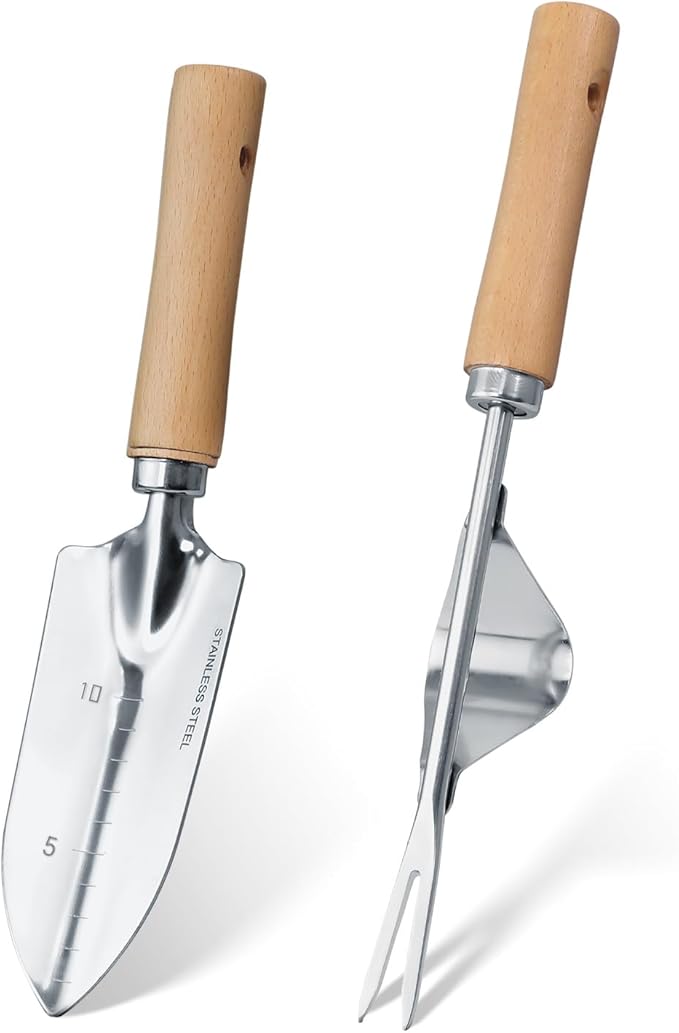 Garden Tool Set, 2 Pieces Stainless Steel Heavy Duty Garden Tools, Garden Kit with Ergonomic Wooden Handle, Durable Garden Tools for Gardening, Gardening Gifts for Women by HoHaing