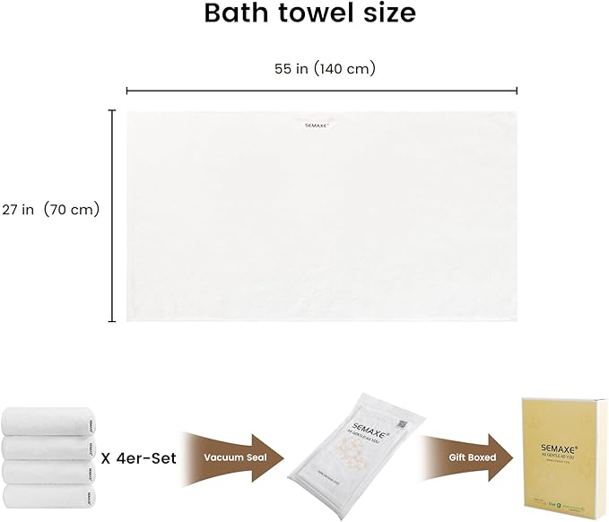 SEMAXE White Bath Towels Set of 4, 100% Cotton Luxury Bathroom Towels, and - Image 2