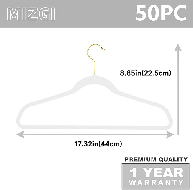 MIZGI White Velvet Hangers 50 Pack, Premium Gold Clothes Hangers Non-Slip Felt - Image 6