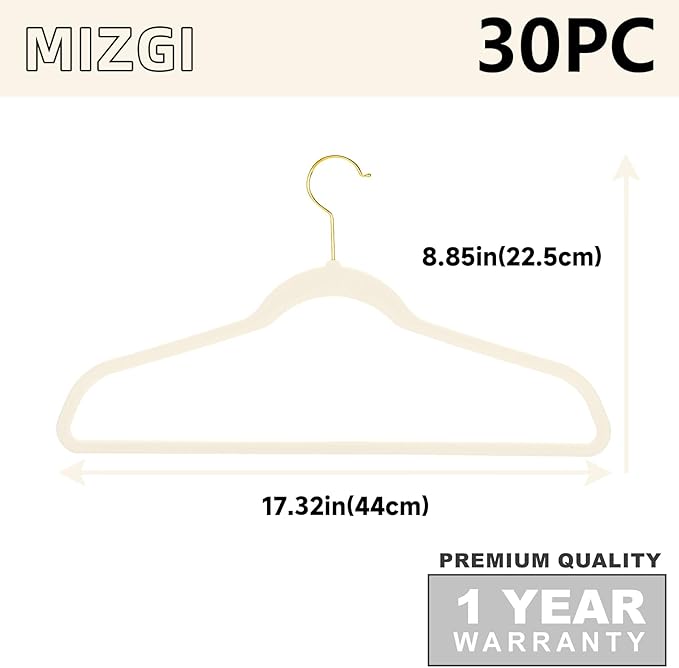 MIZGI Ivory Velvet Hangers 30 Pack, Premium Gold Clothes Hangers Non-Slip Felt - Image 6