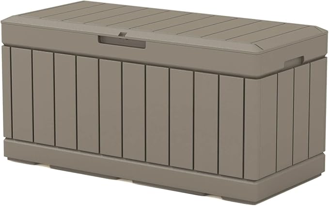 Patiowell 82 Gallon Resin Deck Box, Waterproof Large Wood Look Storage Box for Patio Furniture, Pool Accessories, Garden Tools and Sports Equipment, Lockable, Light Brown by Patiowell