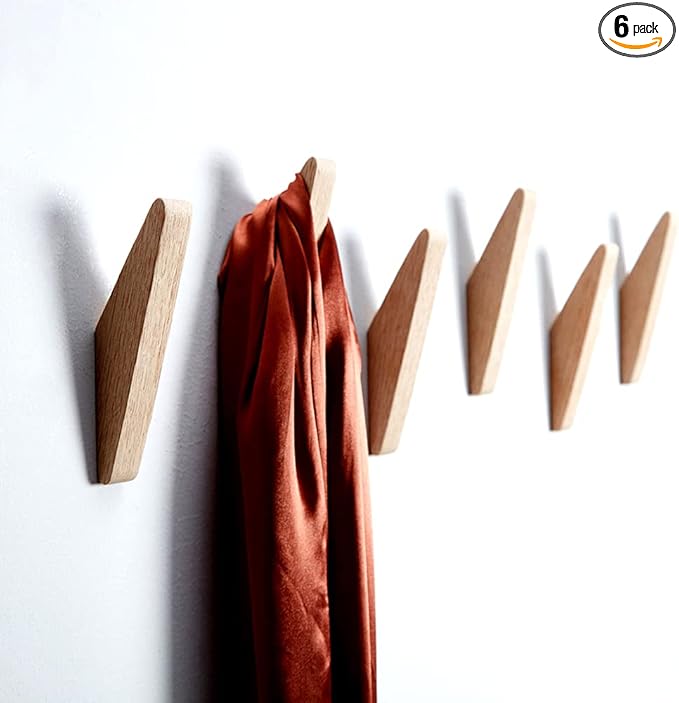 Pack 6 Wood Wall Hooks, Oak Coat Hooks Minimalist Design Heavy Duty Robe Hook by LONANGG