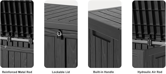 DRATO 120 Gallon Large Deck Box, Outdoor Storage Box for Patio Furniture, Patio Cushions, Gardening Tools, Pool Supplies,660lbs Weight Capacity,Waterproof Resin Storage Boxes（Black，120 Gallon） - Image 7
