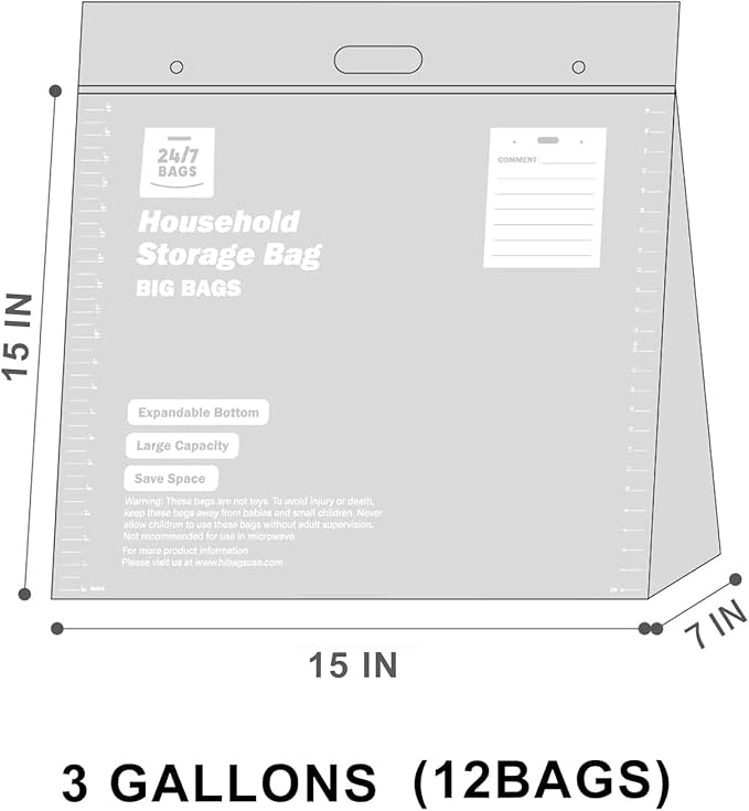 12 Large Plastic Storage Bags, 3 Gallons, Zero BPA, Double Zipper Seal - Image 2