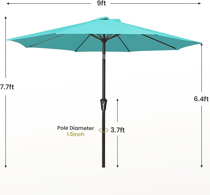 MEWAY 9ft Patio Umbrella Outdoor Table Umbrellas with Push Button Tilt and Crank, Market Umbrella 8 Sturdy Ribs for Deck, Garden, Pool and Backyard, Teal - Image 7