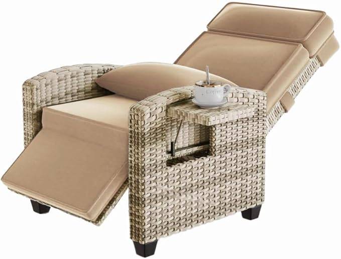 Towallmark Adjustable Rattan Recliner Chair, Patio Lounge Chairs with Cushion, Outdoor Porch Chaise with Flip Up Side Table & Footrest for Porch, Outside Balcony, Deck - Image 4