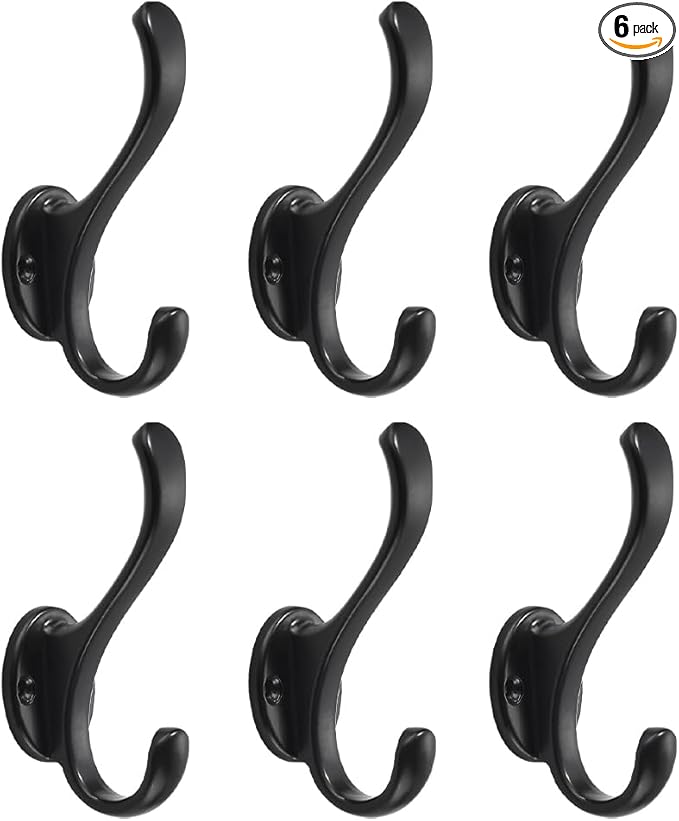 khtumeware 6 Pack Black Coat Hooks Wall Mount Heavy Duty Utility Retro Double by khtumeware