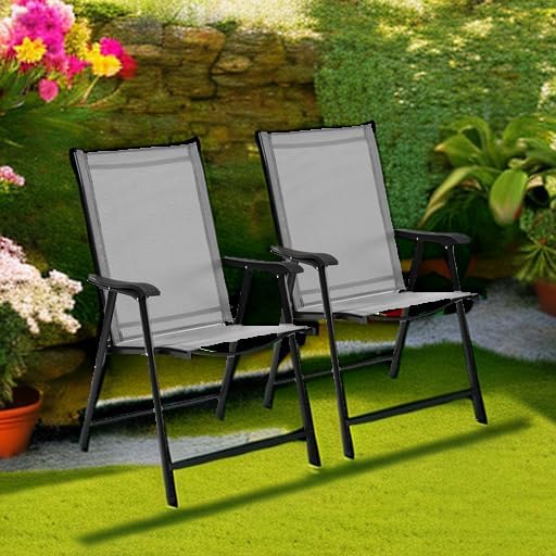 Yaheetech Patio Dining Chairs Set of 2 with Armrests, Outdoor Folding Chairs with Metal Frame and Backrest for Lawn, Garden, Yard and Poolside, Gray - Image 5