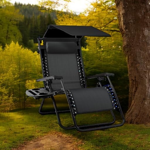 Best Choice Products Folding Zero Gravity Outdoor Recliner Patio Lounge Chair w/Adjustable Canopy Shade, Headrest, Side Accessory Tray, Textilene Mesh - Black - Image 2