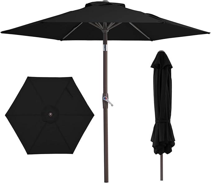 JEAREY 7.5FT Patio Umbrella Market Table Umbrella with 6 Sturdy Ribs, Push Button Tilt/Crank Outdoor Umbrella for Garden, Deck, Backyard, Pool, Black by JEAREYOutdoorsCollection