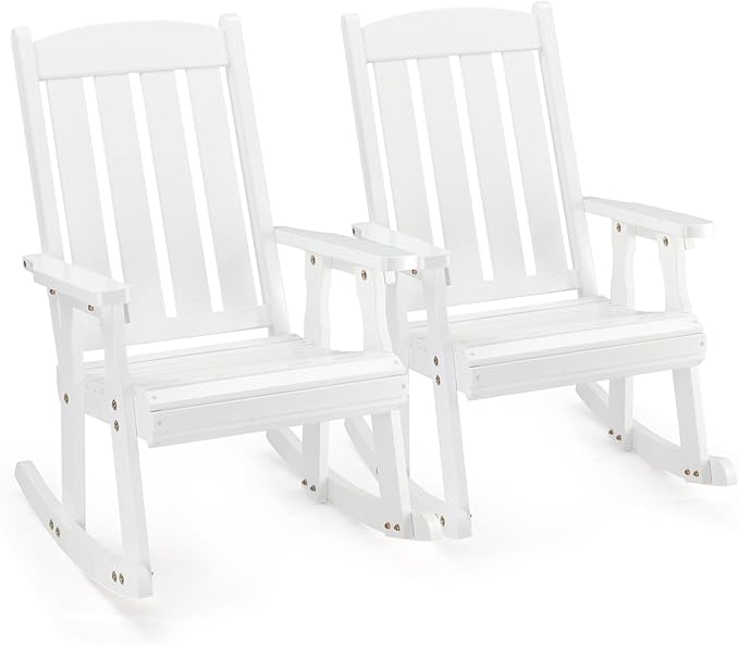 VINGLI Outdoor Rocking Chair Set of 2, Heavy Duty 600 LBS Wooden Rocking Chair with Comfortable Backrest, Weatherproof Rocker with Ergonomic Design, Suit for Patio, Garden, Yard, White by VINGLI