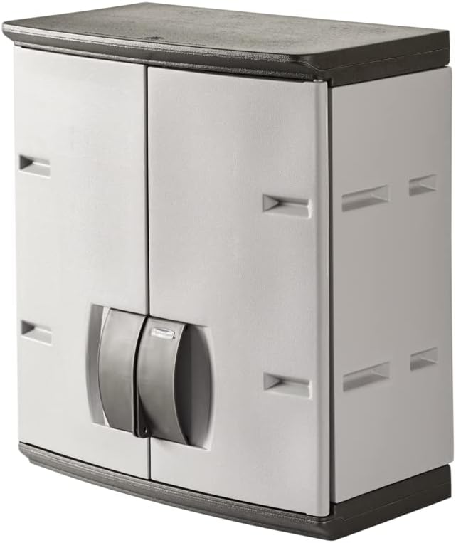 Rubbermaid Wall Mounted Storage Cabinet with Doors 150-Pound Capacity Gray Lockable Three-Shelf Cubbard for Tools/Car Accessories/Cleaning in Home/Garage/Outdoor Areas by Rubbermaid
