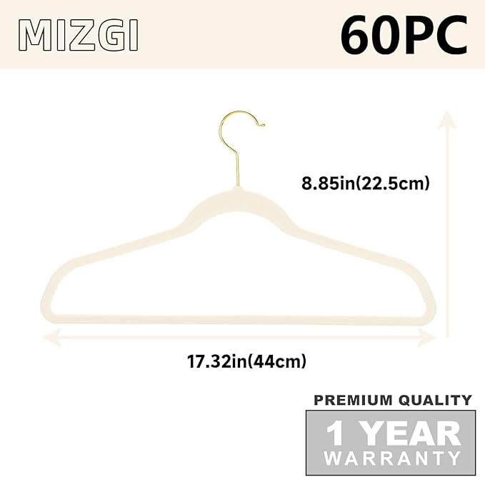 MIZGI Ivory Velvet Hangers 60 Pack, Premium Gold Clothes Hangers Non-Slip Felt - Image 6