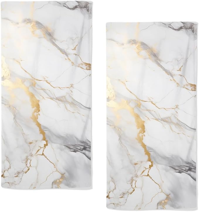 Marble Hand Towels Highly Absorbent White and Gold Marbling Bathroom Kitchen by qiuhuang
