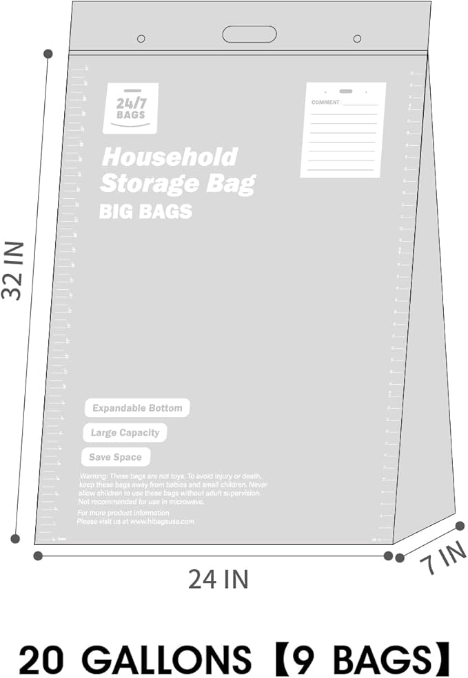9 XXX-Large Plastic Storage Bags, 20 Gallons, Zero BPA, Double Zipper Seal - Image 2
