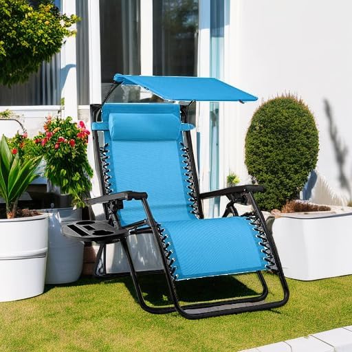Best Choice Products Folding Zero Gravity Outdoor Recliner Patio Lounge Chair w/Adjustable Canopy Shade, Headrest, Side Accessory Tray, Textilene Mesh - Light Blue - Image 2