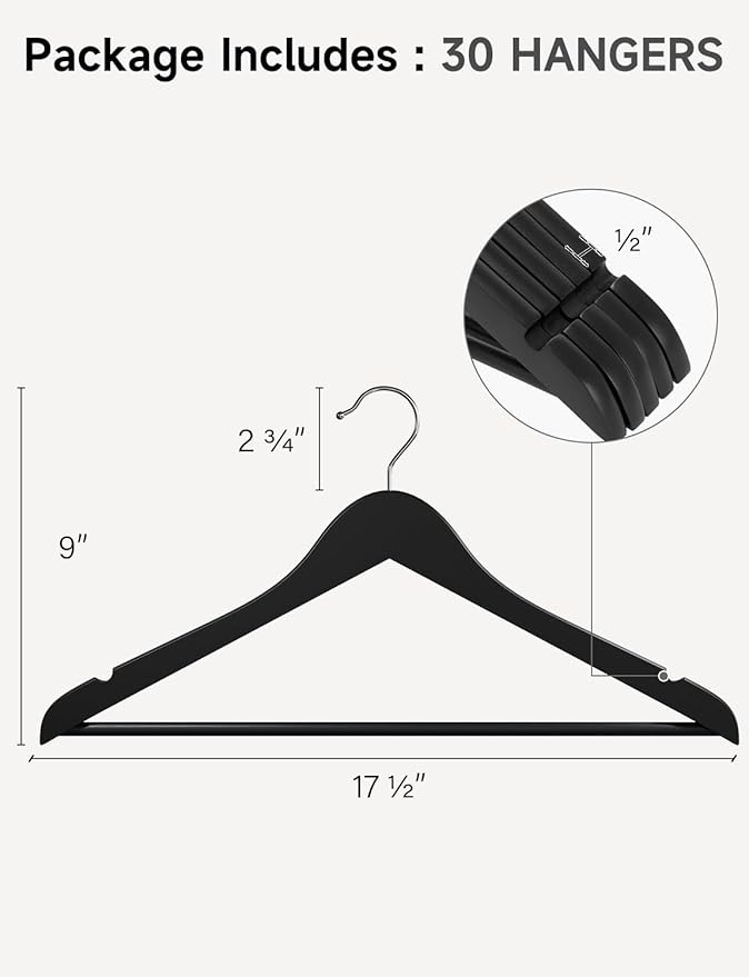 StorageWorks Black Wooden Hangers 30 Pack, Heavy Duty Wood Hangers - Image 2