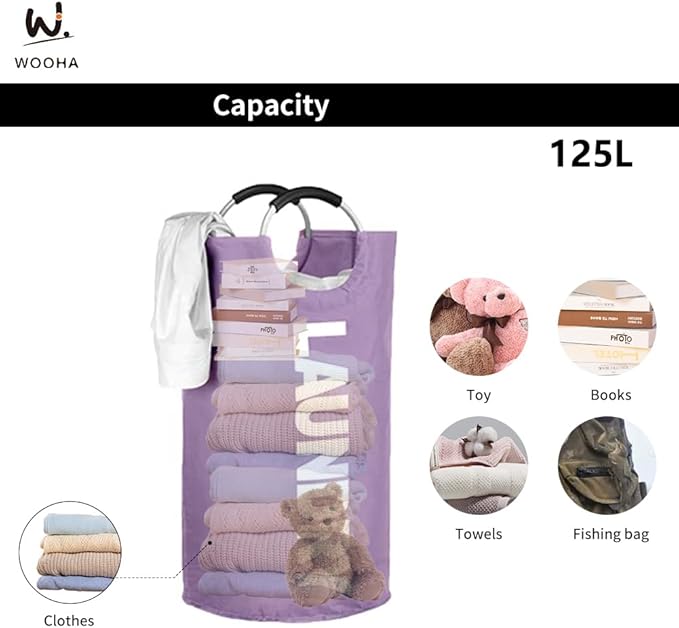 WOOHA 125L Large laundry basket, Collapsible laundry hamper, Tall Clothes - Image 7