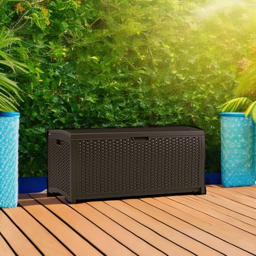 Suncast Outdoor Storage Box - 73 Gallon Mocha Brown Deck Box for Patio, Waterproof Outdoor Storage Bench, Resin Wicker Style, Heavy-Duty, Lockable Lid for Cushions, Shoes, Pool & Garden Gear - Image 5