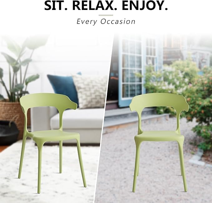 Modern Stackable Dining Chair Set, No Assembly, Plastic Chair, Patio Chair, Suitable for Indoor and Outdoor Cafes and Restaurants, Set of 4 (Pistachio Green) - Image 6
