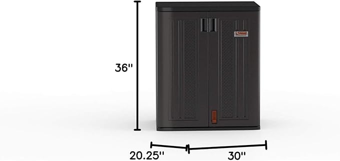 Suncast Heavy-Duty Resin Outdoor Storage Cabinet, 30" W x 20.25" D x 36" H Dark Grey Base Garage Storage Cabinet with Lockable Doors and Metal Reinforced Shelves, Made in The USA - Image 3