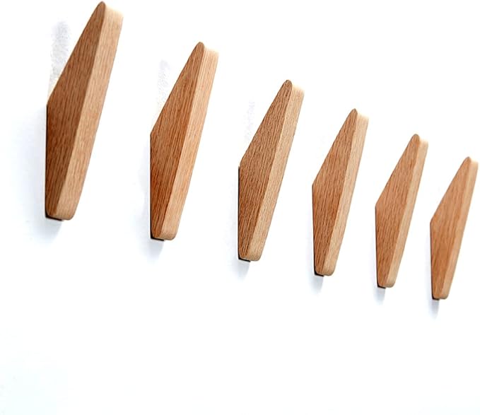 Pack 6 Wood Wall Hooks, Oak Coat Hooks Minimalist Design Heavy Duty Robe Hook - Image 3