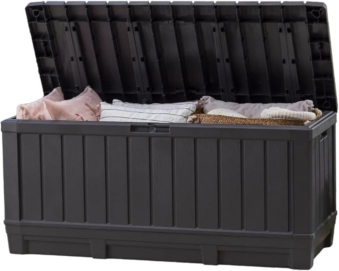 Keter Kentwood 92 Gallon Resin Deck Box-Organization and Storage for Patio Furniture Outdoor Cushions, Throw Pillows, Garden Tools and Pool Floats, Dark Grey by Keter