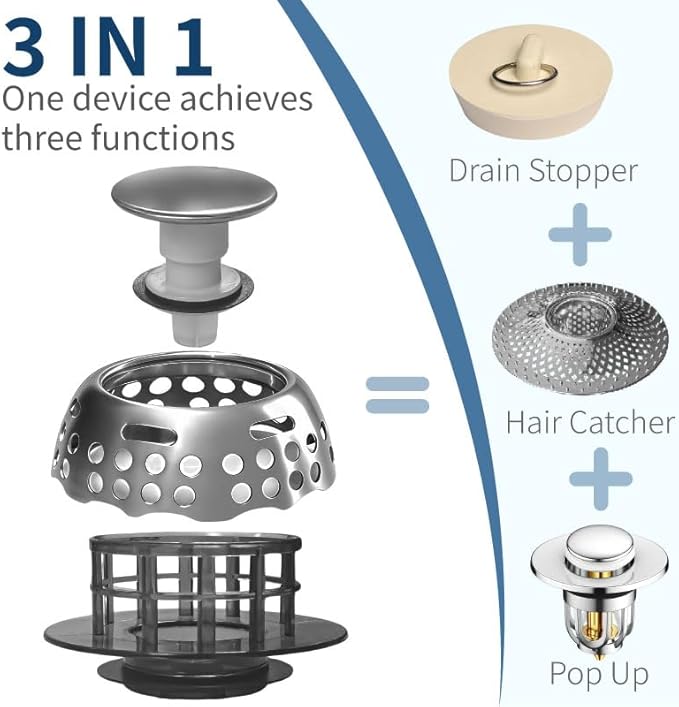 3 in 1 Bathtub Stopper, Bathtub Drain Hair Catcher, Replaces Lift and Turn - Image 2