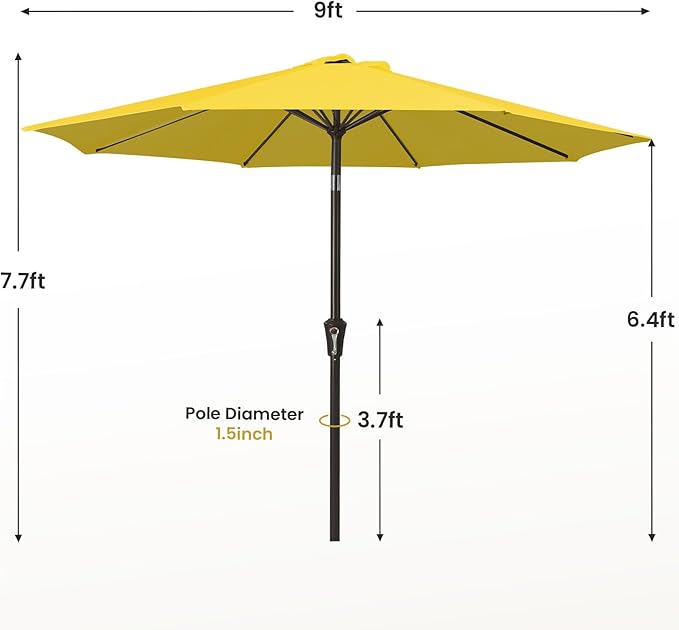 MEWAY 9ft Patio Umbrella Outdoor Table Umbrellas with Push Button Tilt and Crank, Market Umbrella 8 Sturdy Ribs for Deck, Garden, Pool and Backyard, Yellow - Image 7