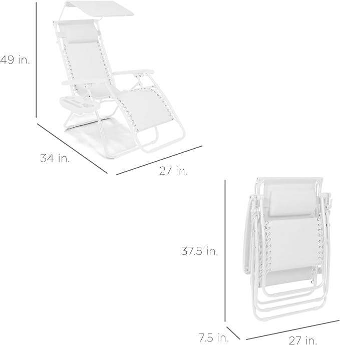 Best Choice Products Folding Zero Gravity Outdoor Recliner Patio Lounge Chair w/Adjustable Canopy Shade, Headrest, Side Accessory Tray, Textilene Mesh - Snow - Image 2