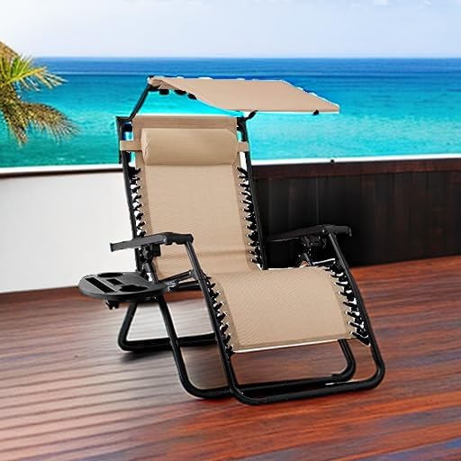 Best Choice Products Folding Zero Gravity Outdoor Recliner Patio Lounge Chair w/Adjustable Canopy Shade, Headrest, Side Accessory Tray, Textilene Mesh - Beige - Image 2
