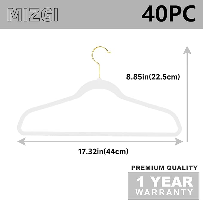 MIZGI White Velvet Hangers 40 Pack, Premium Gold Clothes Hangers Non-Slip Felt - Image 6