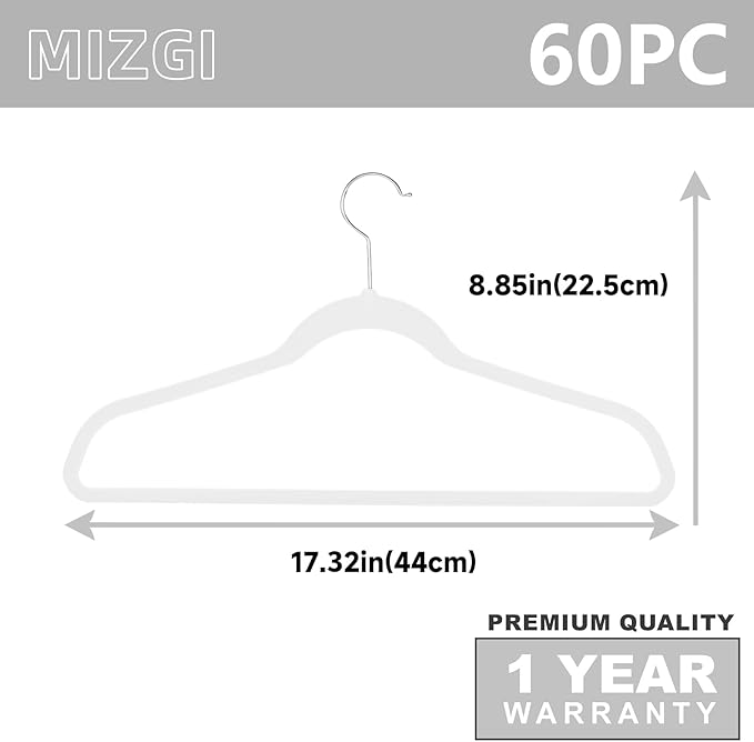 MIZGI White Velvet Hangers 60 Pack, Premium Chrome Clothes Hangers Non-Slip - Image 6