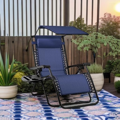 Best Choice Products Folding Zero Gravity Outdoor Recliner Patio Lounge Chair w/Adjustable Canopy Shade, Headrest, Side Accessory Tray, Textilene Mesh - Navy Blue - Image 2