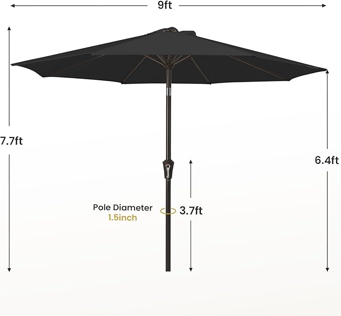 MEWAY 9ft Patio Umbrella Outdoor Table Umbrellas with Push Button Tilt and Crank, Market Umbrella 8 Sturdy Ribs for Deck, Garden, Pool and Backyard, Black - Image 7
