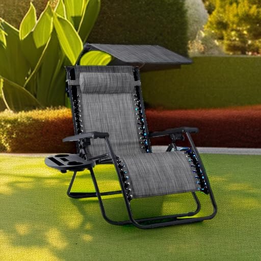 Best Choice Products Folding Zero Gravity Outdoor Recliner Patio Lounge Chair w/Adjustable Canopy Shade, Headrest, Side Accessory Tray, Textilene Mesh - Gray - Image 2