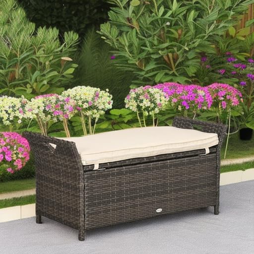Outsunny 29 Gallon Patio Wicker Storage Bench, Outdoor PE Rattan Patio Furniture, 2-in-1 Large Capacity Rectangle Garden Storage Box with Handles and Cushion, Cream White - Image 6