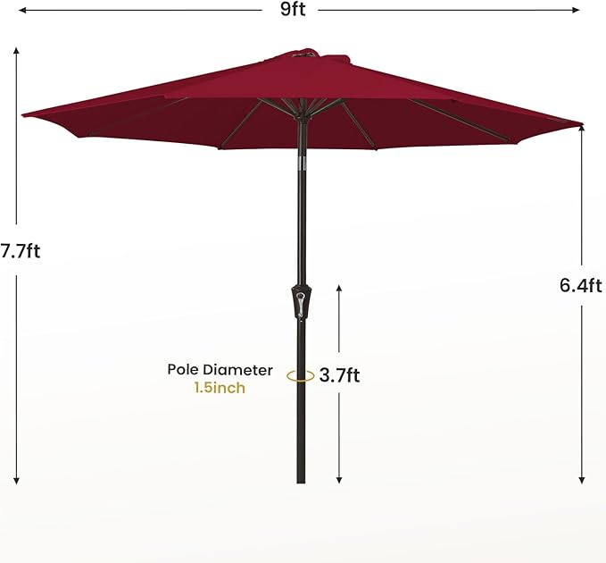 MEWAY 9ft Patio Umbrella Outdoor Table Umbrellas with Push Tilt and Crank, Market Umbrella 8 Sturdy Ribs for Deck, Garden, Pool and Backyard, Cherry Red - Image 7