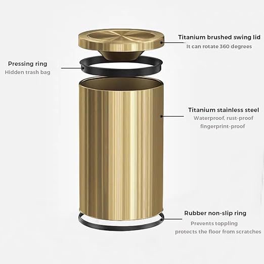 9L/2.4Gal Gold Trash Can, Brass Bathroom Garbae Can - Image 6