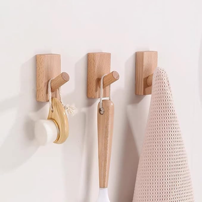 HomeDo 8Pack Adhesive Wall Hooks Hat Rack, Wooden Coat Hooks Wall Mounted - Image 4